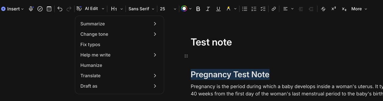 Evernote inline AI edit dropdown menu in desktop editor