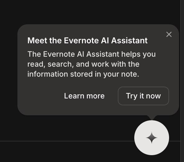 Evernote AI assistant introduction modal with sparkle icon