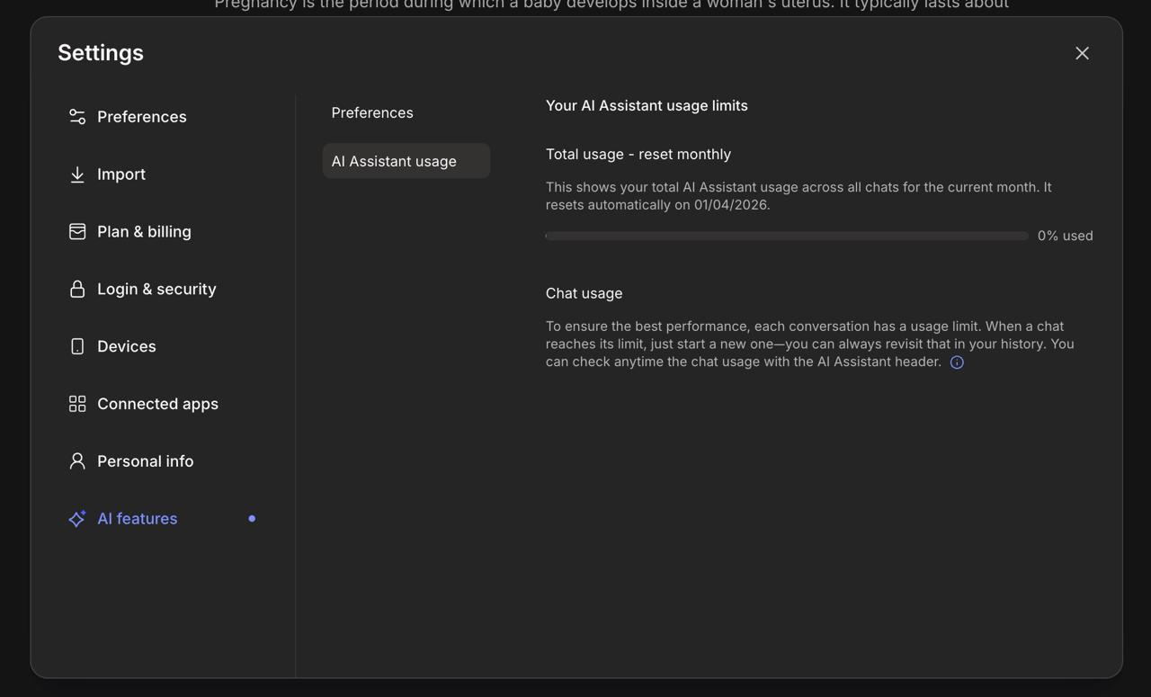 Evernote AI settings panel with monthly limits and reset information