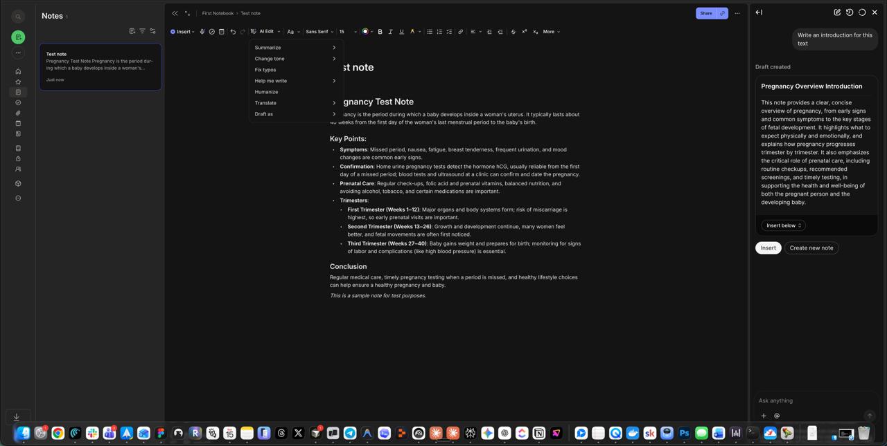 Evernote desktop view with notes list, editor, and AI assistant panel
