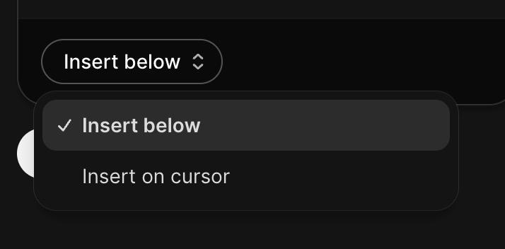 Insert dropdown showing Insert below and Insert on cursor options