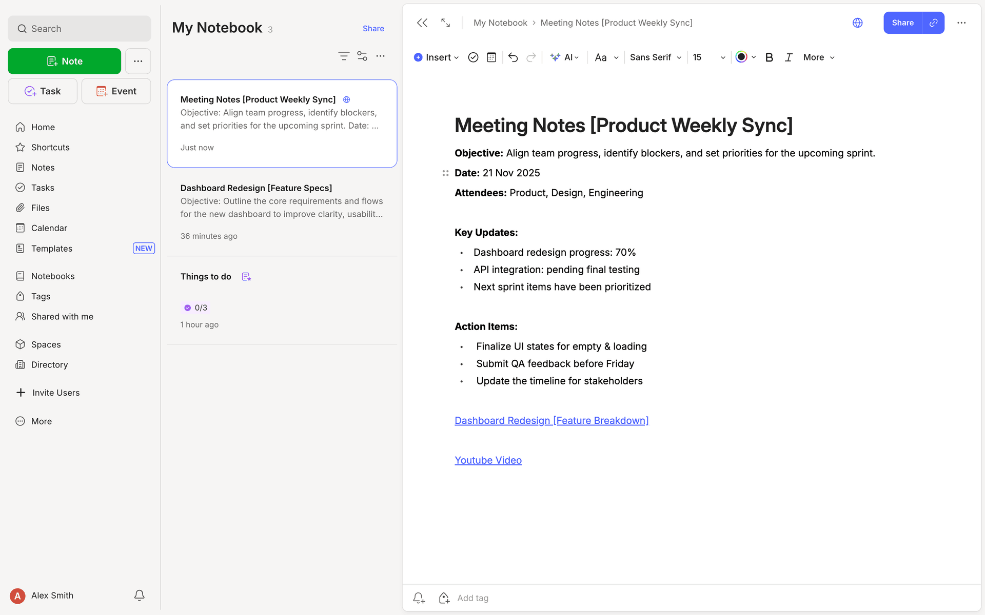 Evernote three-pane desktop layout with notes list and editor