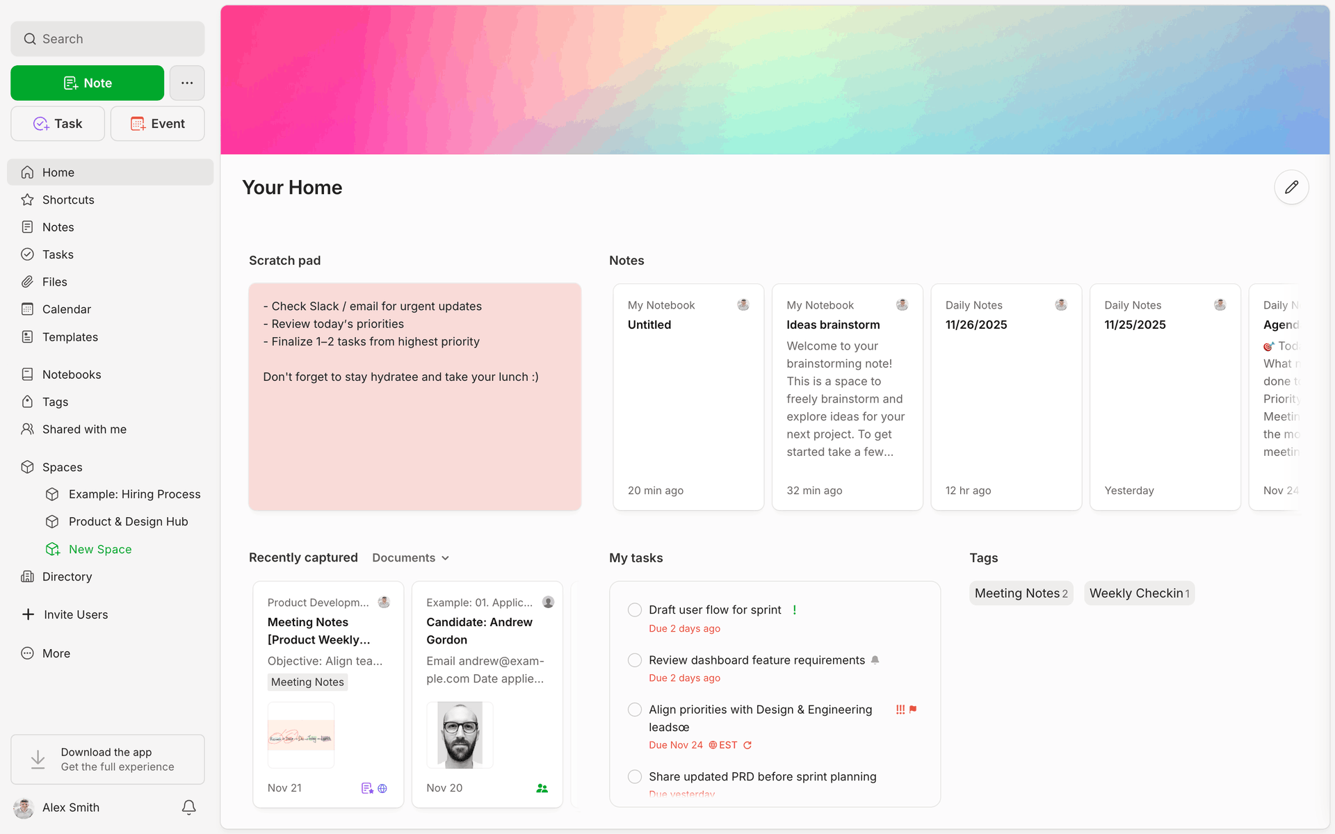 Evernote home dashboard screen