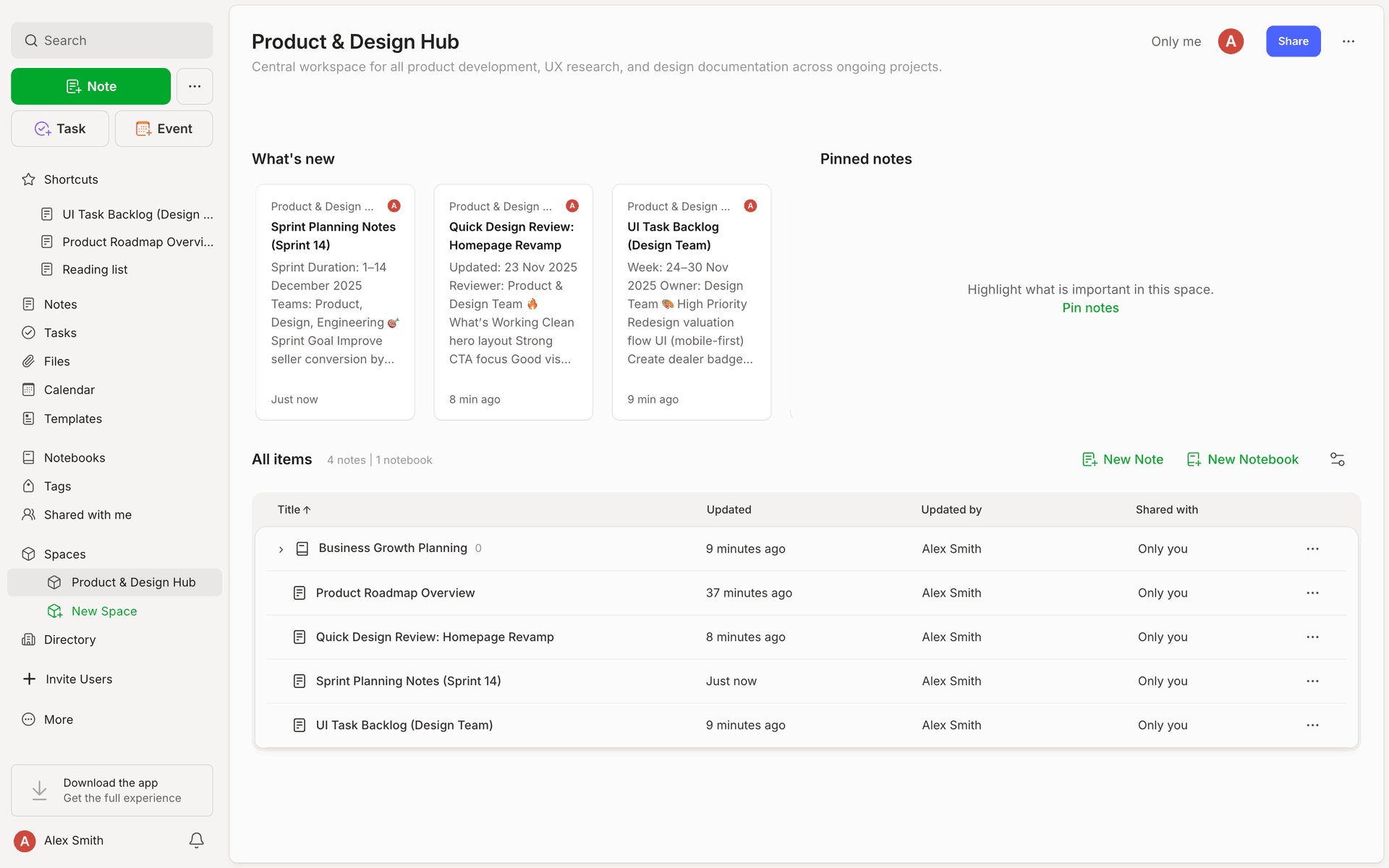 Evernote spaces hub view