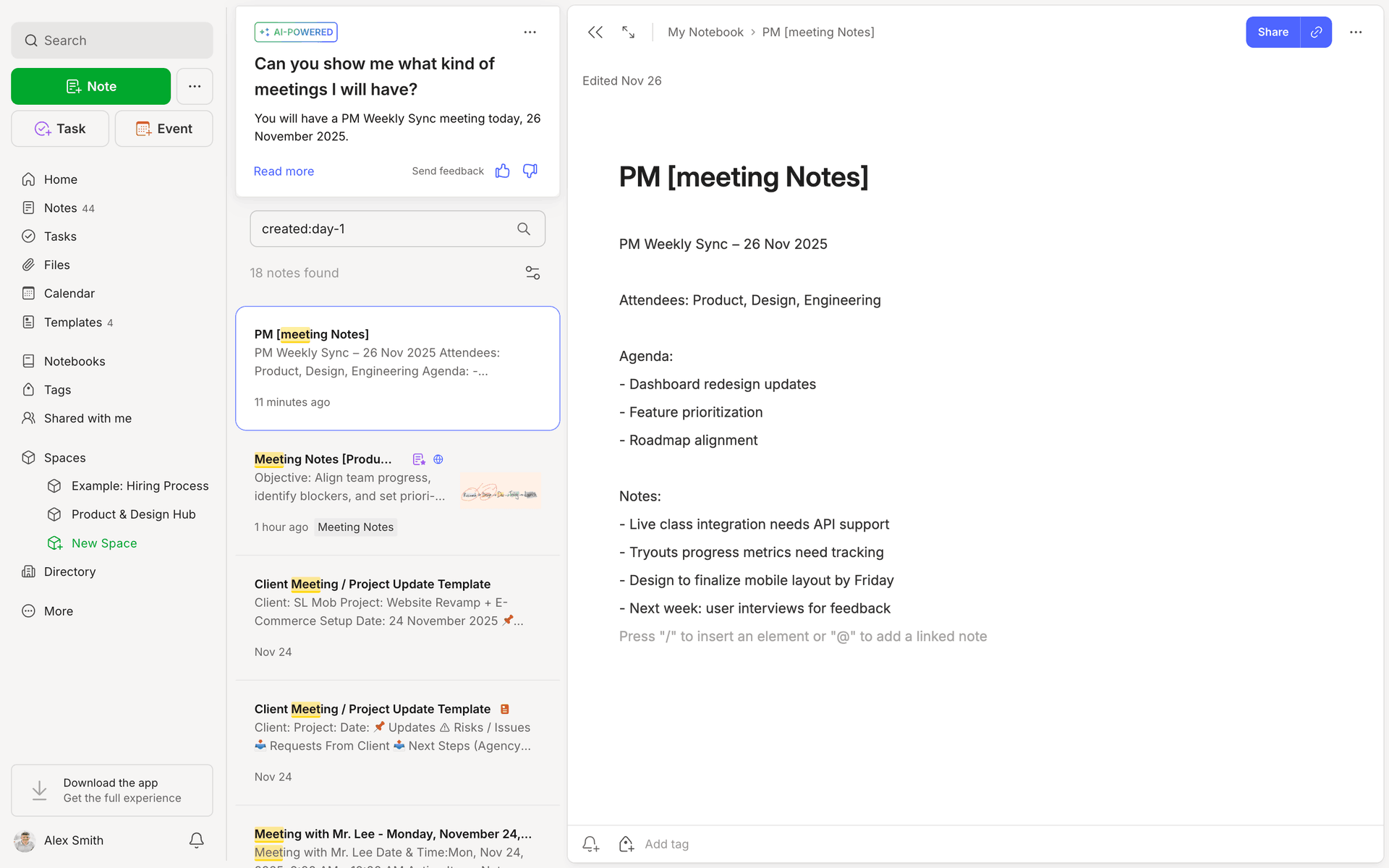 Evernote search experience with AI answer card